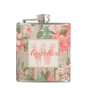 Rustic Pink Floral Barn Wood Monogram Hip Flask