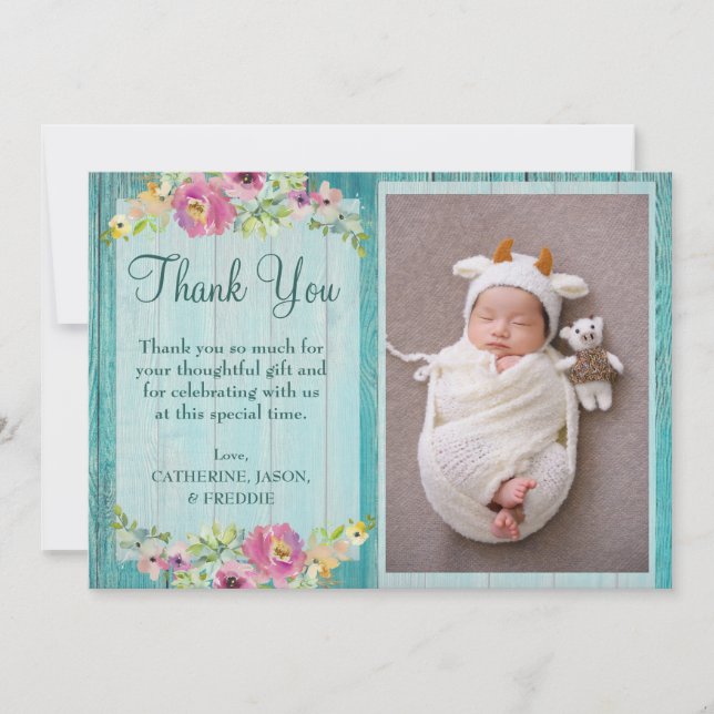 Rustic Pink Floral Blue Wood Baby Shower Thank You Card (Front)