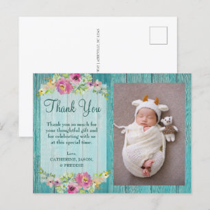 Rustic Pink Floral Blue Wood Baby Shower Thank You Postcard