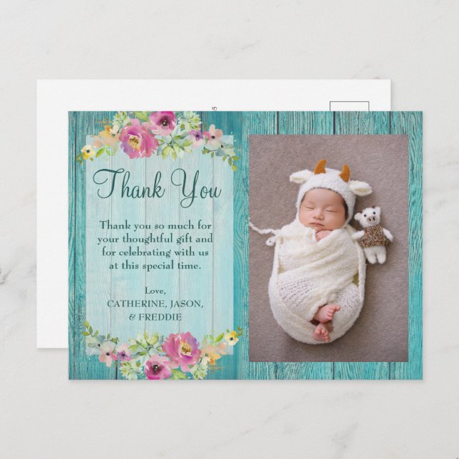Rustic Pink Floral Blue Wood Baby Shower Thank You Postcard (Front/Back)