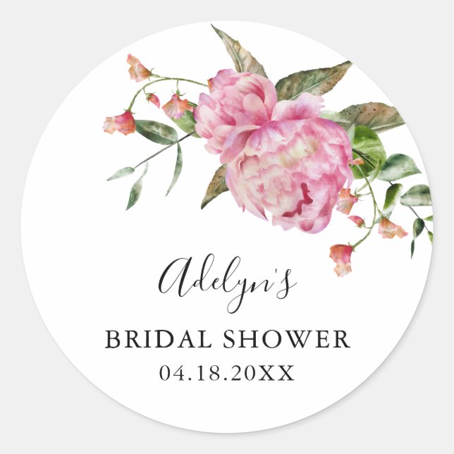 Rustic Pink Floral Bridal Shower Favour   Classic Round Sticker (Front)