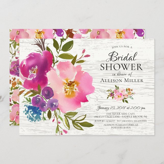 Rustic Pink Floral Bridal Shower Invitations (Front/Back)
