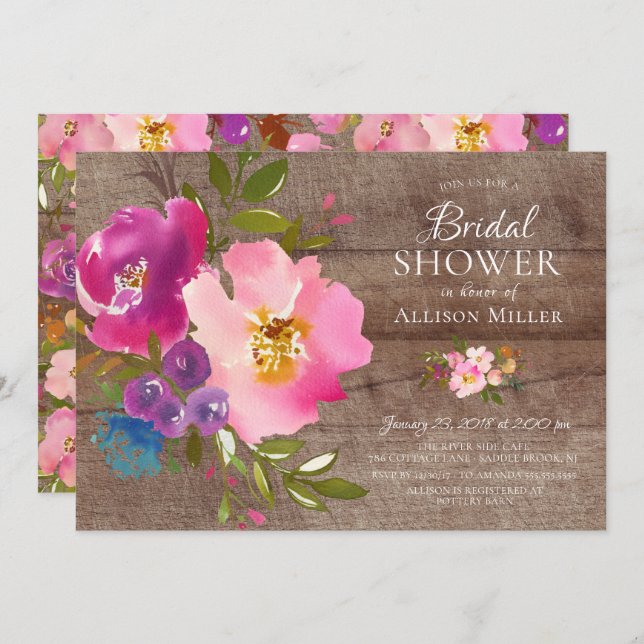 Rustic Pink Floral Bridal Shower Invitations (Front/Back)