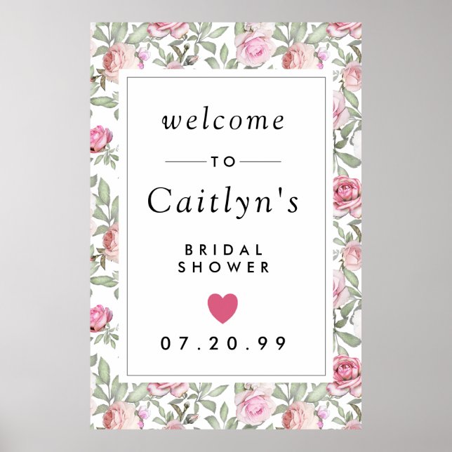 Rustic Pink Floral Bridal Shower Welcome Sign (Front)