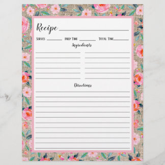 Rustic Pink Floral Burlap Recipe Binder Page