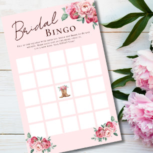 Rustic Pink Floral Cowgirl Bridal Bingo Game Card
