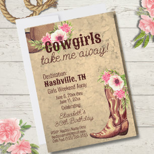 Rustic, Pink, Floral, Cowgirl, Invitation