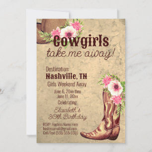 Rustic, Pink, Floral, Cowgirl, Invitation 2 sides