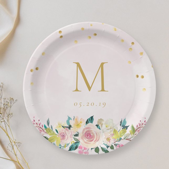 Rustic Pink Floral Custom Initial Bridal Shower Paper Plate (Creator Uploaded)