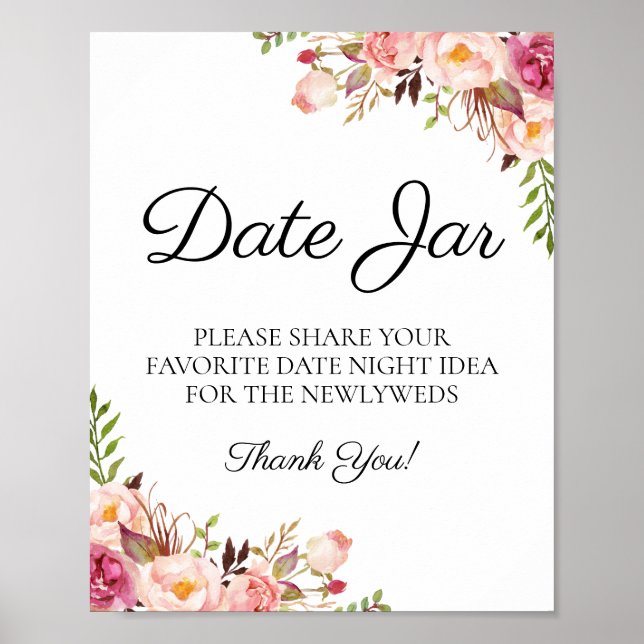 Rustic Pink Floral Date Jar Sign Wedding (Front)