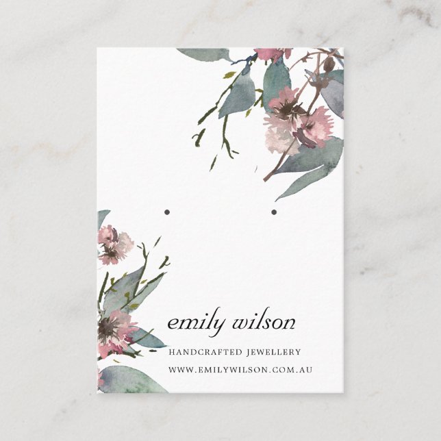 RUSTIC PINK FLORAL EUCALYPTUS EARRING STUD DISPLAY BUSINESS CARD (Front)