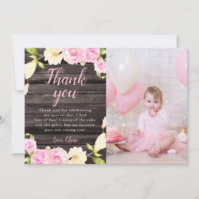 Rustic Pink Floral Girl Birthday Custom Photo Thank You Card (Front)
