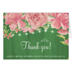Rustic pink floral green wood wedding thank you