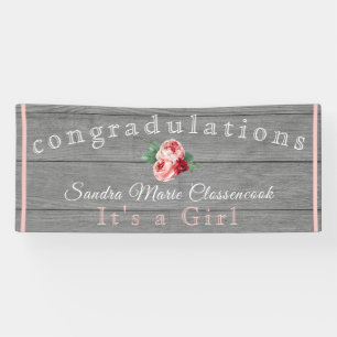 Rustic Pink Floral Its a Girl Rustic Grey Wood Banner