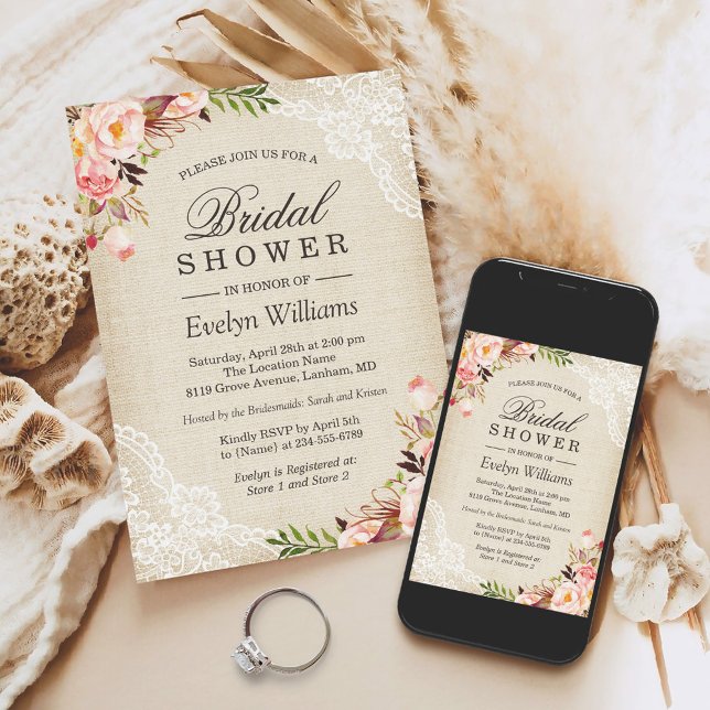 Rustic Pink Floral Ivory Burlap Lace Bridal Shower Invitation (Creator Uploaded)