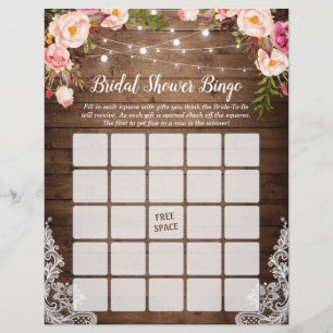 Rustic Pink Floral Lace Bridal Shower Bingo Game Flyer