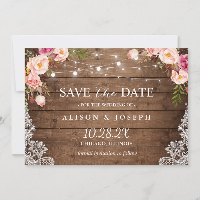 Rustic Pink Floral Lace String Light Save the Date (Front)