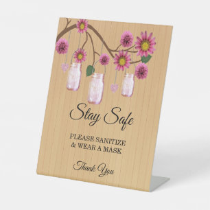 Rustic Pink Floral Mason Jars Wedding Safety Pedestal Sign