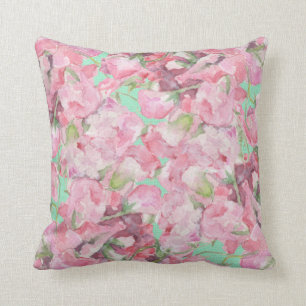 Rustic Pink Floral on Mint Green Burlap Cushion