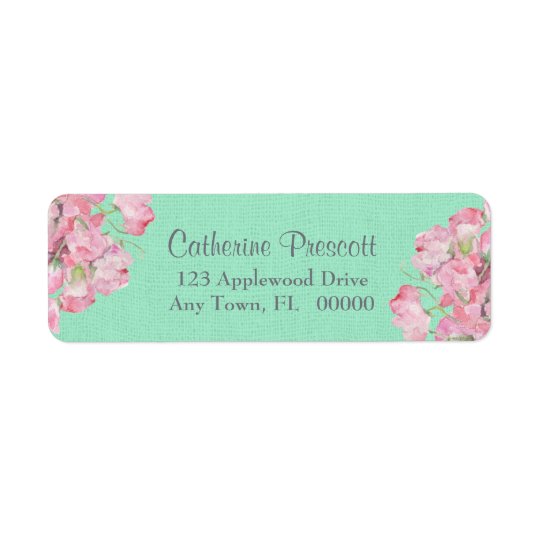 Rustic Pink Floral on Mint Green Burlap Return Address Label