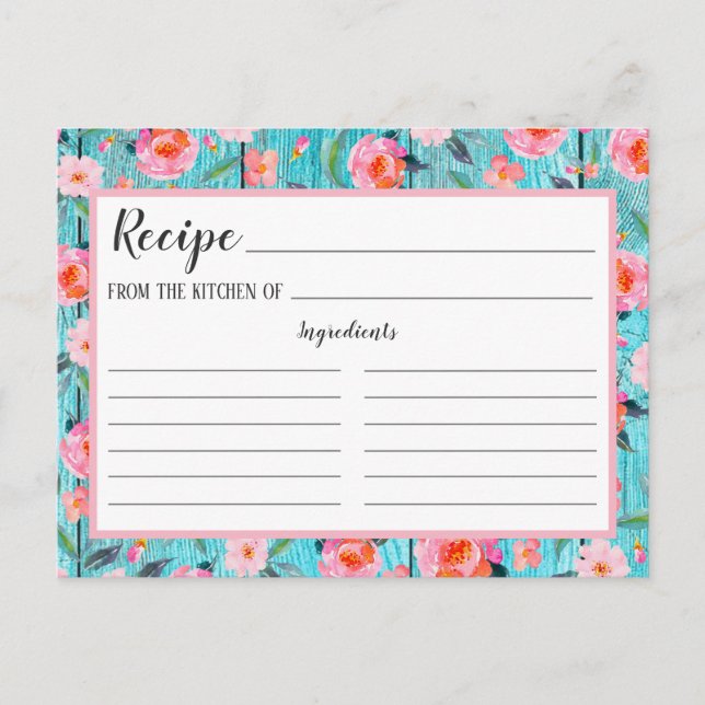 Rustic Pink Floral Pattern Aqua Wood Recipe Card (Front)