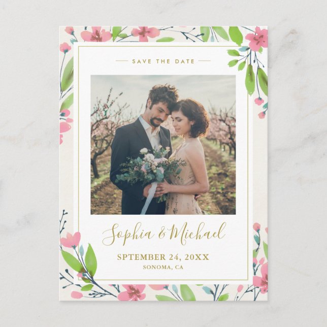 Rustic Pink Floral Photo Save The Date Invitation Postcard (Front)