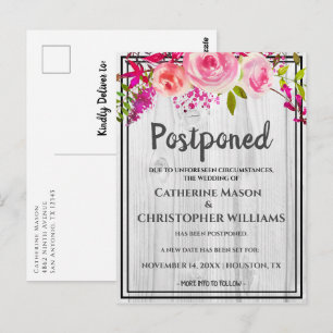 Rustic Pink Floral Postponed Wedding Announcement Postcard