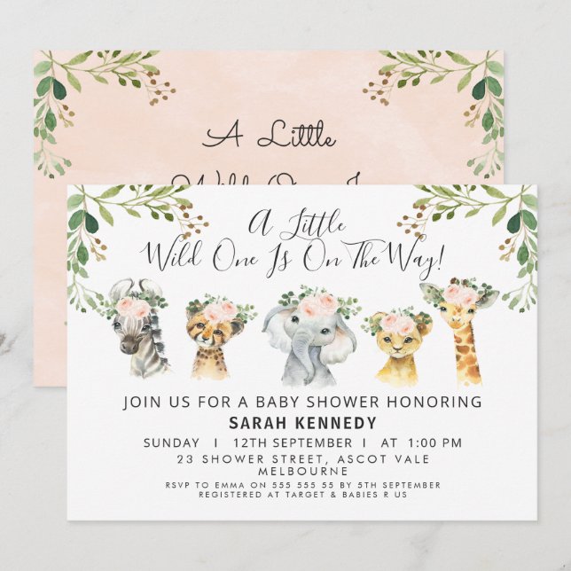 Rustic Pink Floral Safari Baby Shower Invitation (Front/Back)