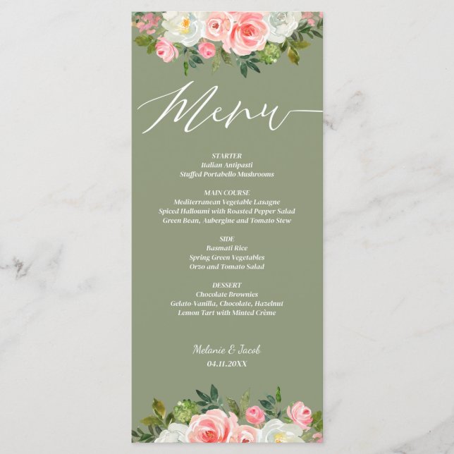 Rustic Pink Floral Sage Green Flat wedding Menu (Front)