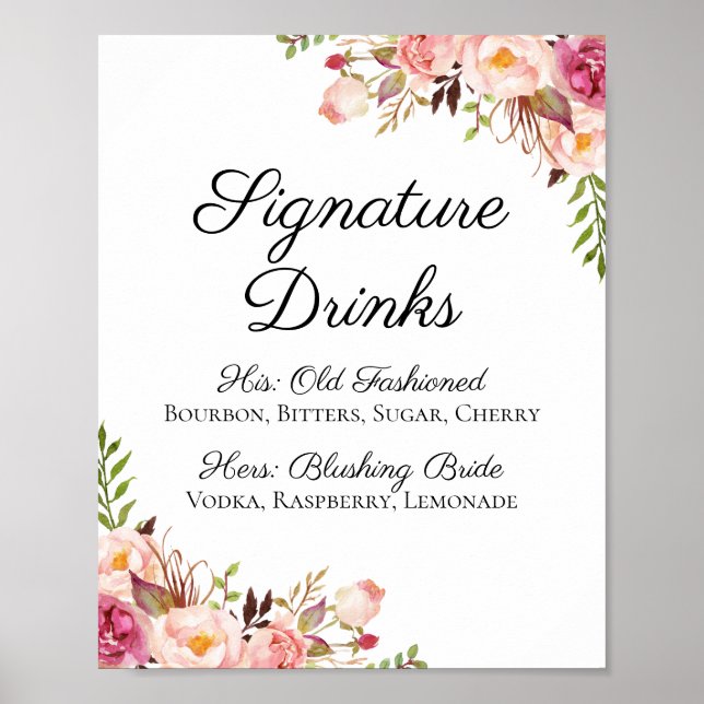 Rustic Pink Floral Signature Drinks Cocktail Sign (Front)