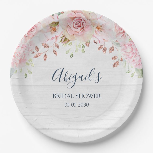 Rustic Pink Floral Spring Bridal Shower Paper Plate (Front)
