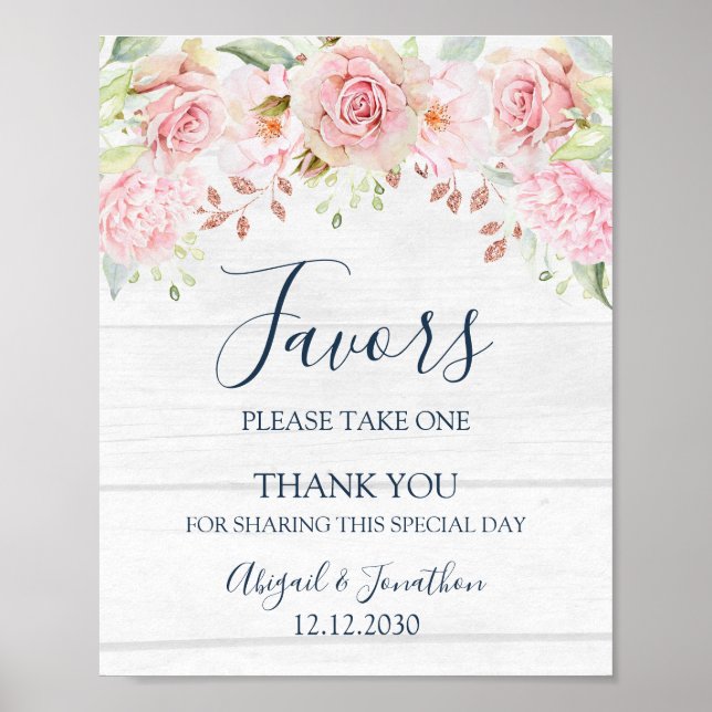 Rustic Pink Floral Spring Wedding Favors Sign (Front)