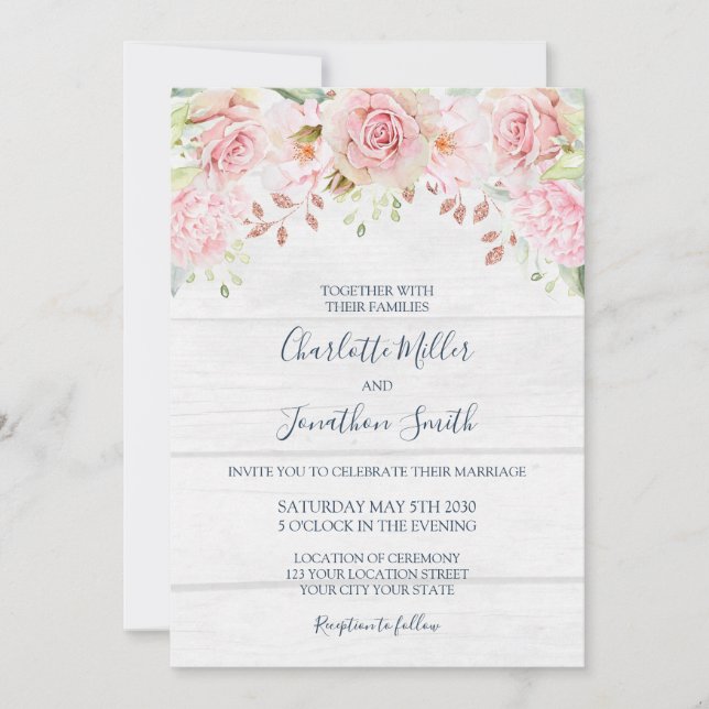 Rustic Pink Floral Spring Wedding Invitations (Front)