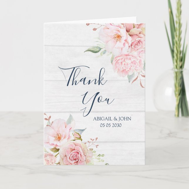 Rustic Pink Floral Spring Wedding Thank You Card (Front)