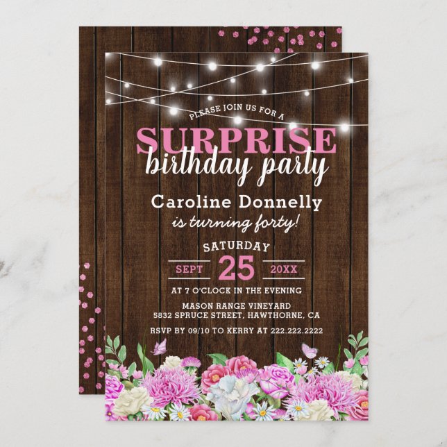 Rustic Pink Floral String Lights Birthday Party Invitation (Front/Back)