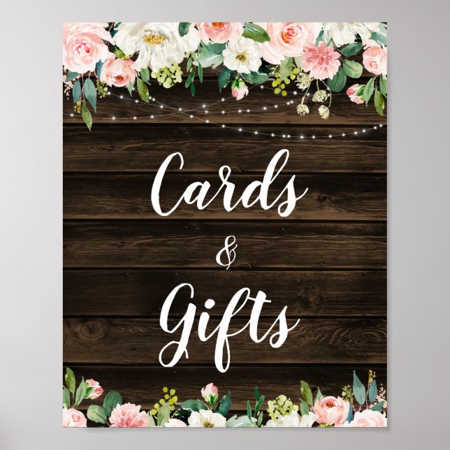 Rustic Pink Floral String Lights Cards & Gifts Poster (Front)