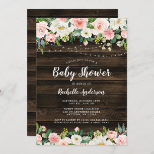Rustic Pink Floral String Lights Girl Baby Shower Invitation