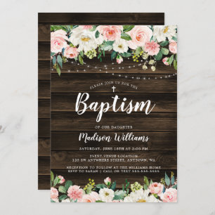Rustic Pink Floral String Lights Girl Baptism Invitation