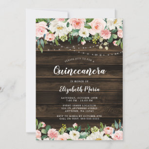 Rustic Pink Floral String Lights Quinceanera Invitation