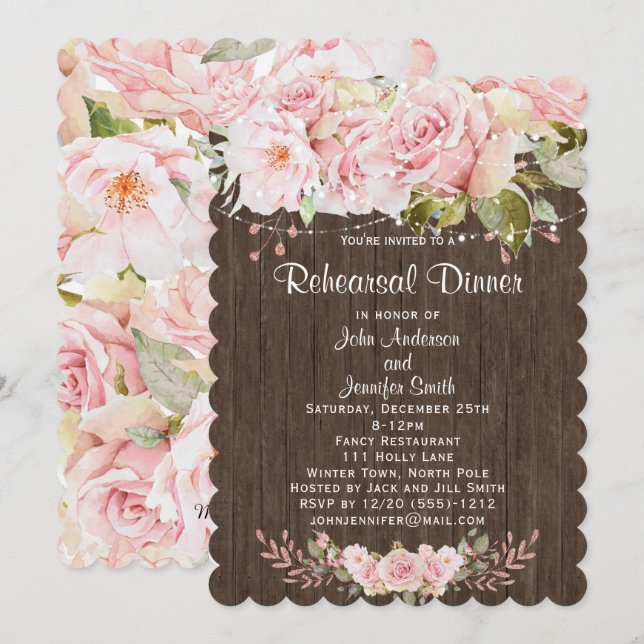 Rustic Pink Floral String Lights Rehearsal Dinner Invitation (Front/Back)