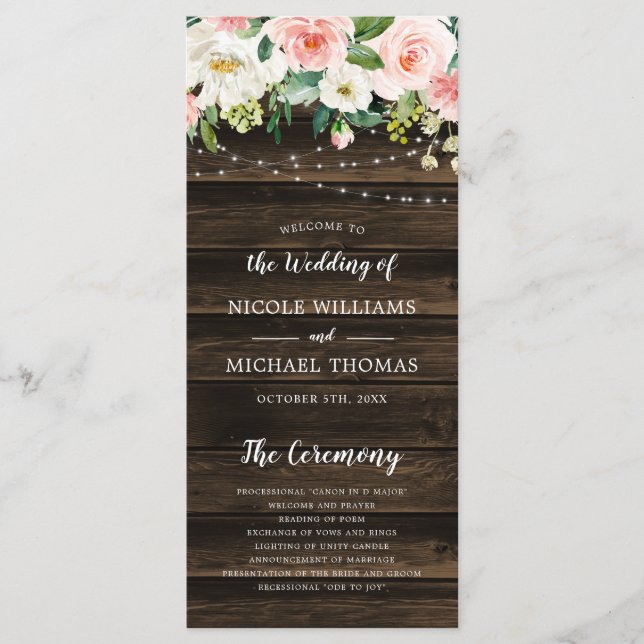 Rustic Pink Floral String Lights Wedding Program (Front)