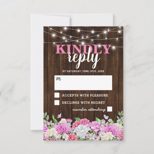 Rustic Pink Floral String Lights Wedding RSVP Card (Front)