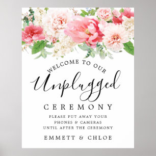 Rustic Pink Floral Unplugged Wedding Ceremony Sign