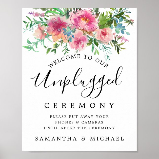Rustic Pink Floral Unplugged Wedding Ceremony Sign (Front)