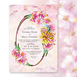 Rustic Pink Floral Watercolor Wedding Invitation