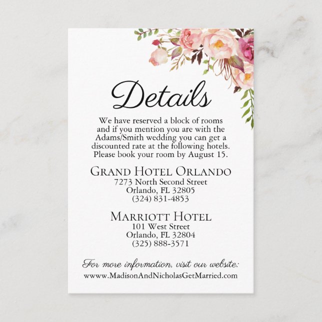 Rustic Pink Floral Wedding Details Card Inserts (Front)