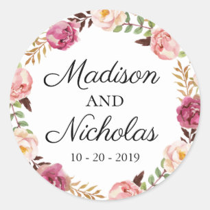 Rustic Pink Floral Wedding Envelope Seal Stickers