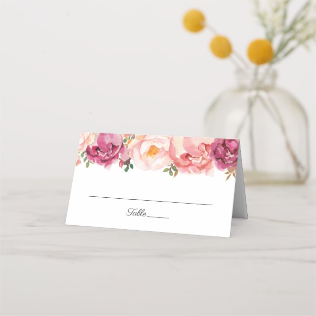 Rustic Pink Floral Wedding Folded Place Cards (Front)
