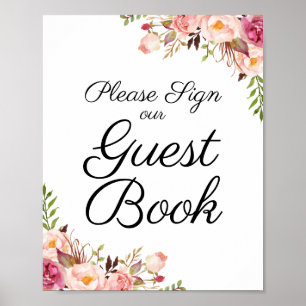 Rustic Pink Floral Wedding Guest Book Sign