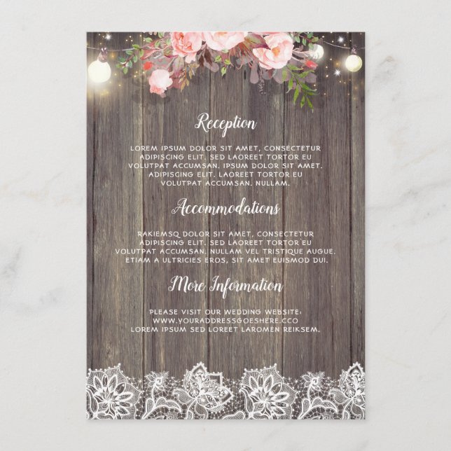 Rustic Pink Floral Wedding Information Guest Enclosure Card (Front)